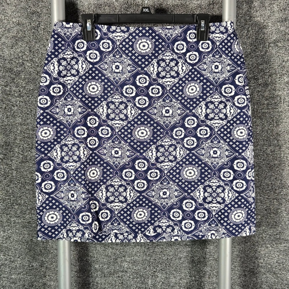Talbots Navy White Medallion Bandana Print Pencil Skirt Size 10 Cotton Stretch